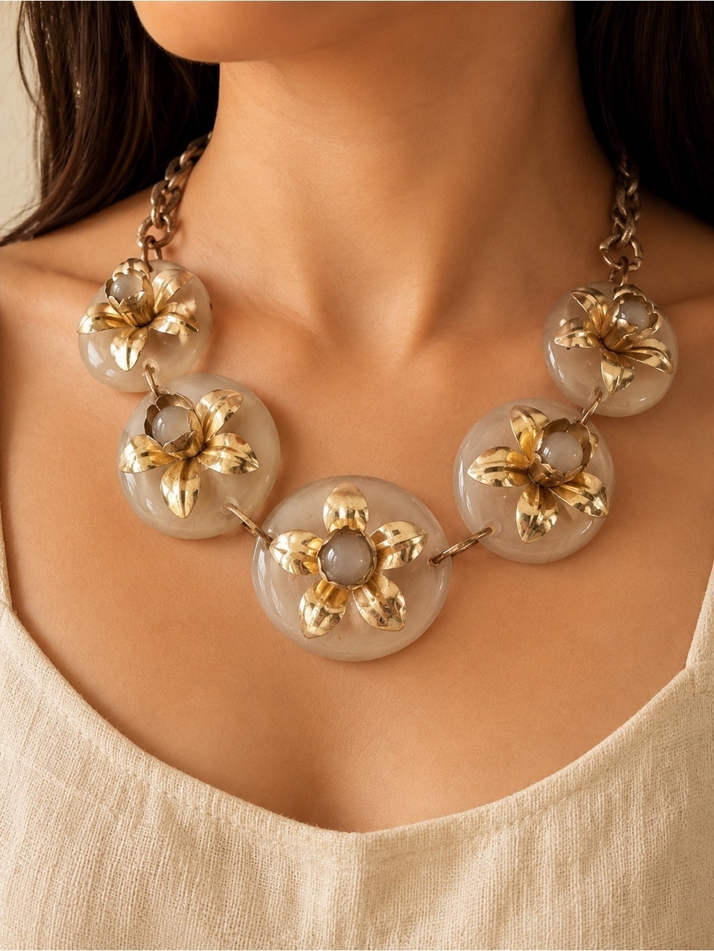 MCM Floral Statement Necklace • Mid Century Modern Gold Flower Necklace